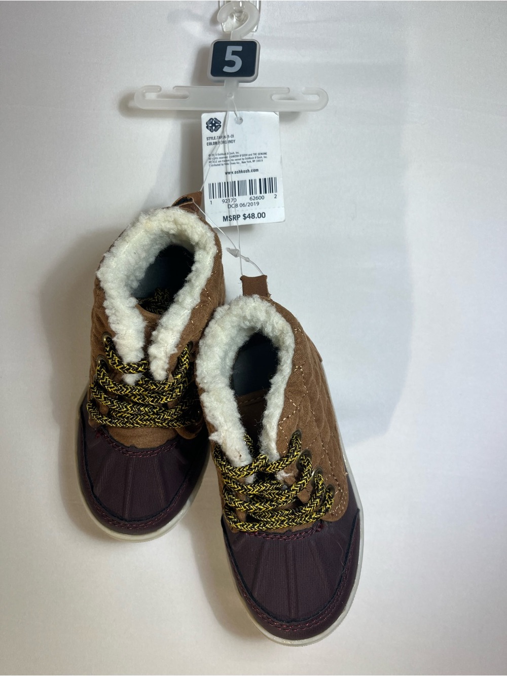 OshKosh B'gosh Brown Quilted Boots with White Sherpa Trim and Yellow-Black Laces